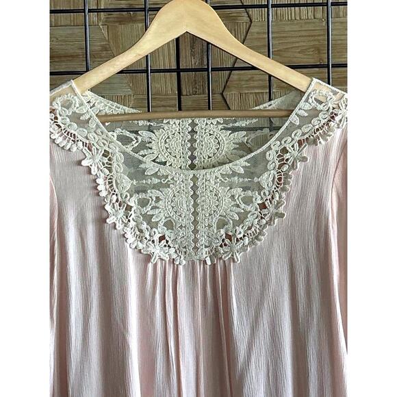 Lovely Day Dress S/M Light Pink Embroidered Neckline 3/4 Sleeve Cottage - Picture 2 of 6